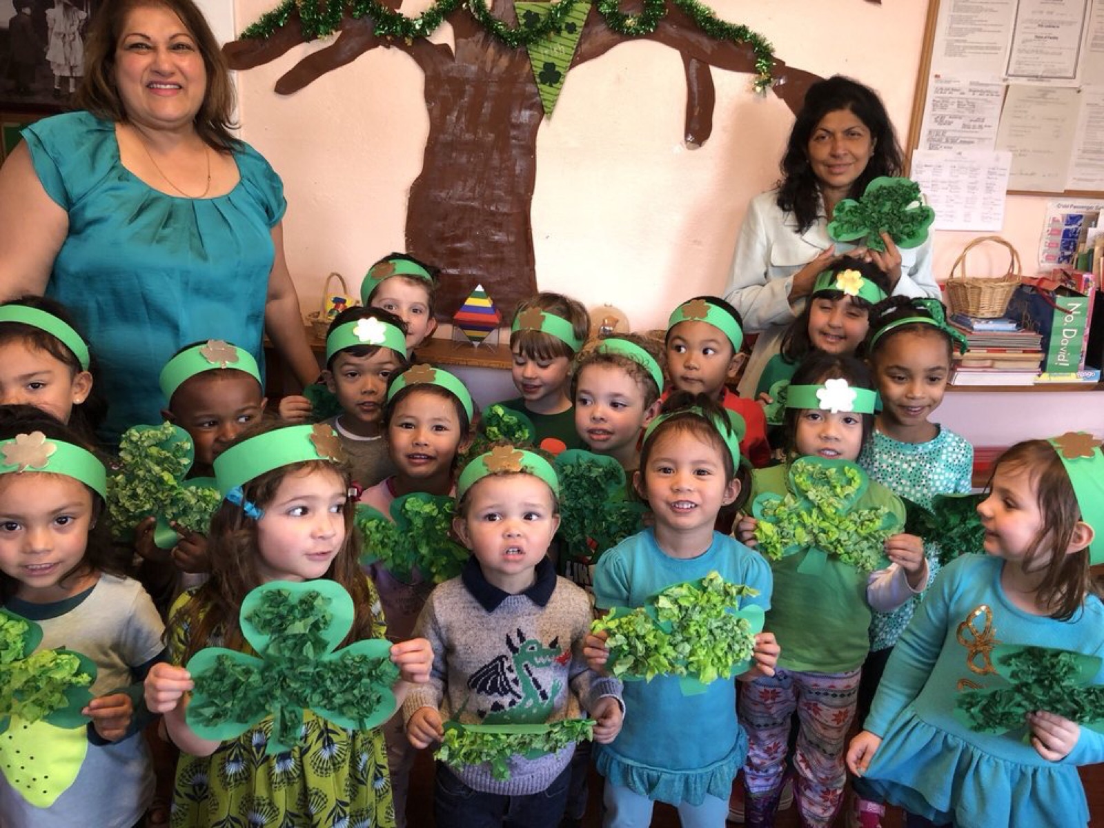 Shamrock crafts and green headbands on St. Patrick's Day